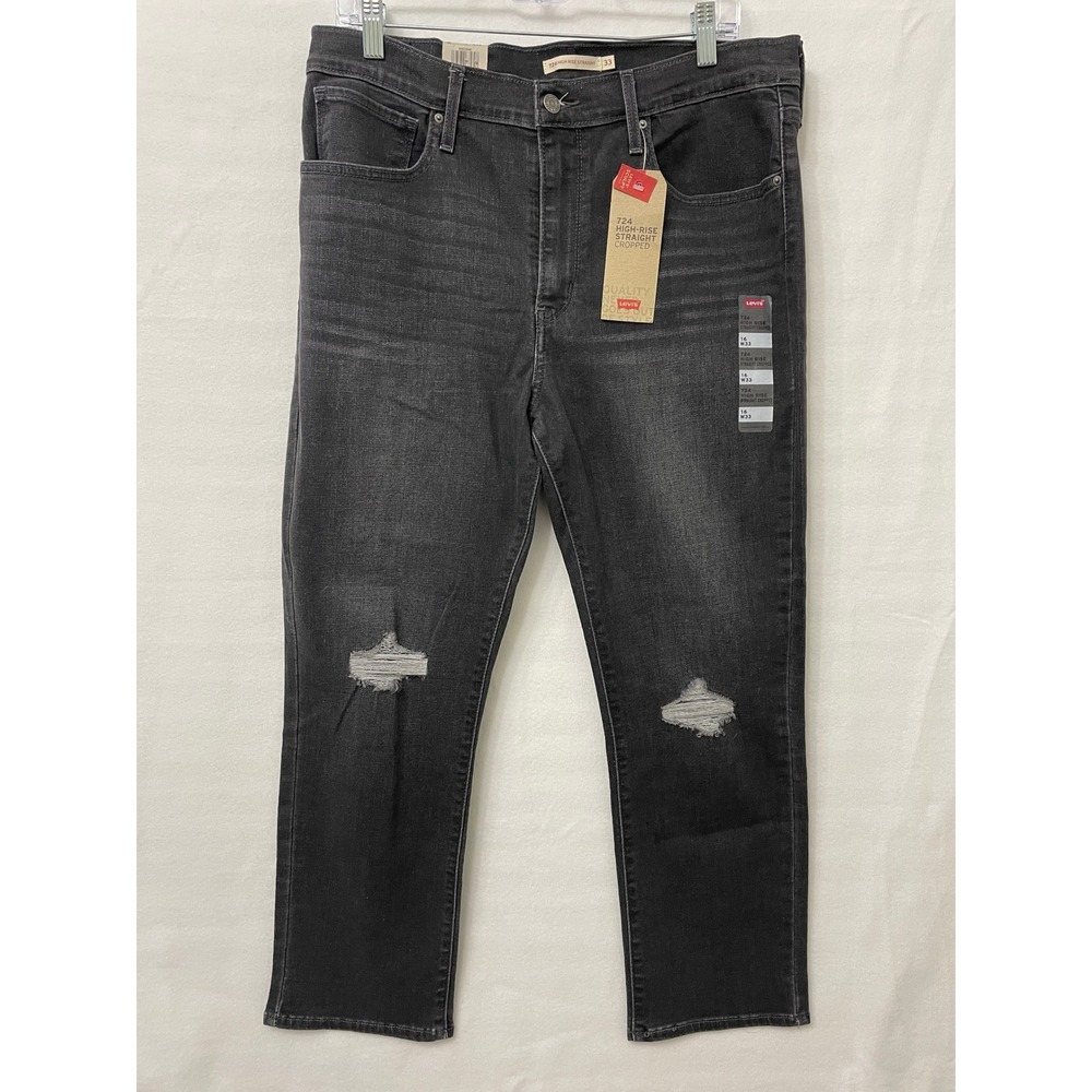 New Levi's 724 Womens High Rise Straight Jeans size 16 W33 Black Distressed